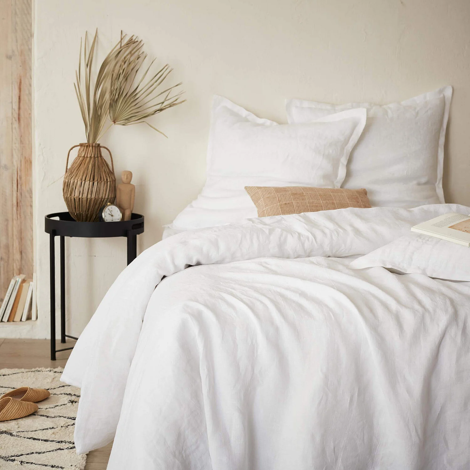 Drap housse en lin - 140 x 200 cm - Blanc - 1