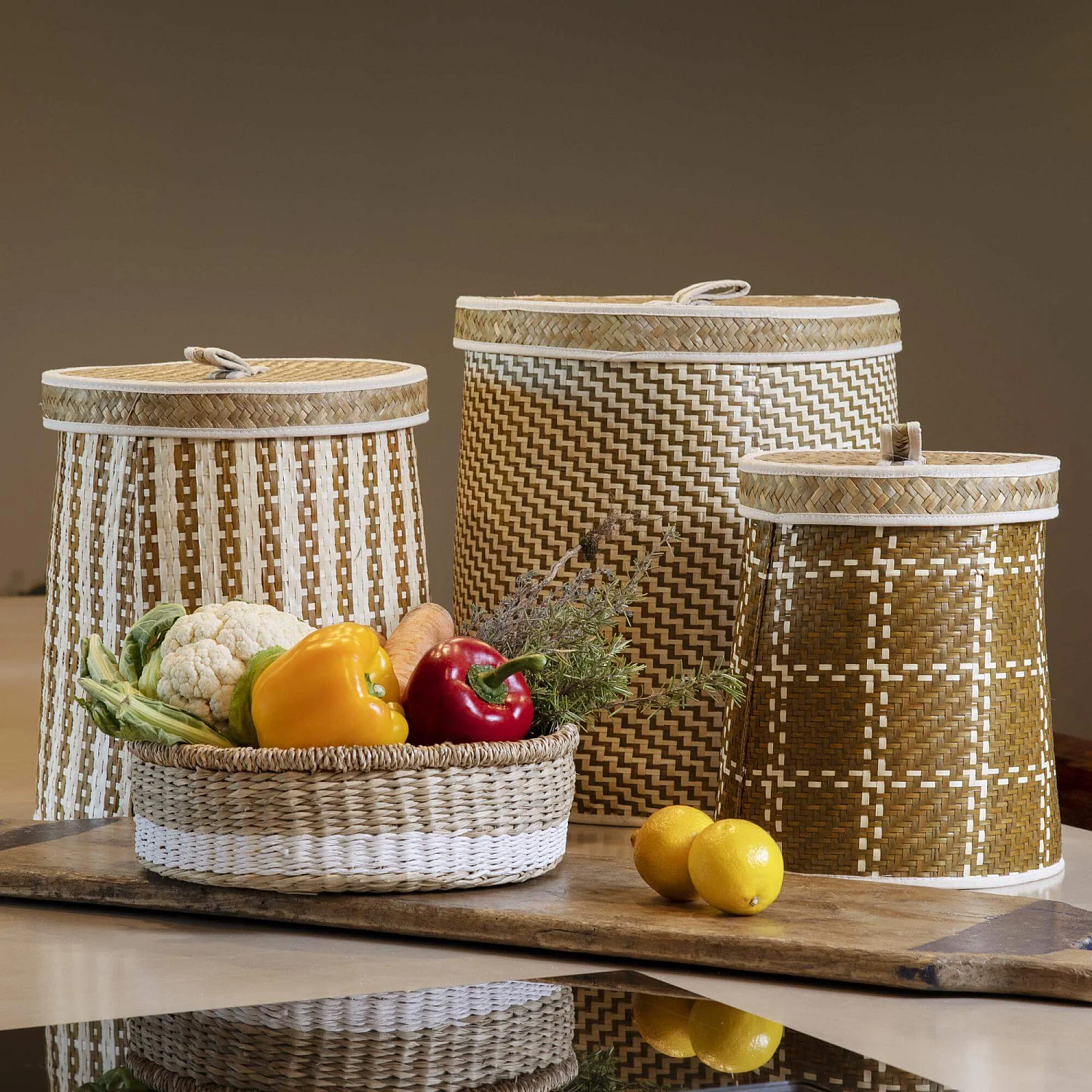 Lot de 3 paniers ronds avec couvercle en feuilles de palmier - Motifs - 1