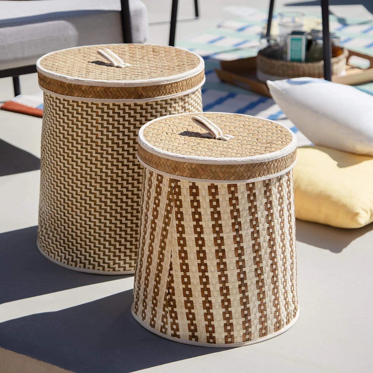 Panier rond avec couvercle en feuille de palmier - 35 x 41 cm - Motif - 1