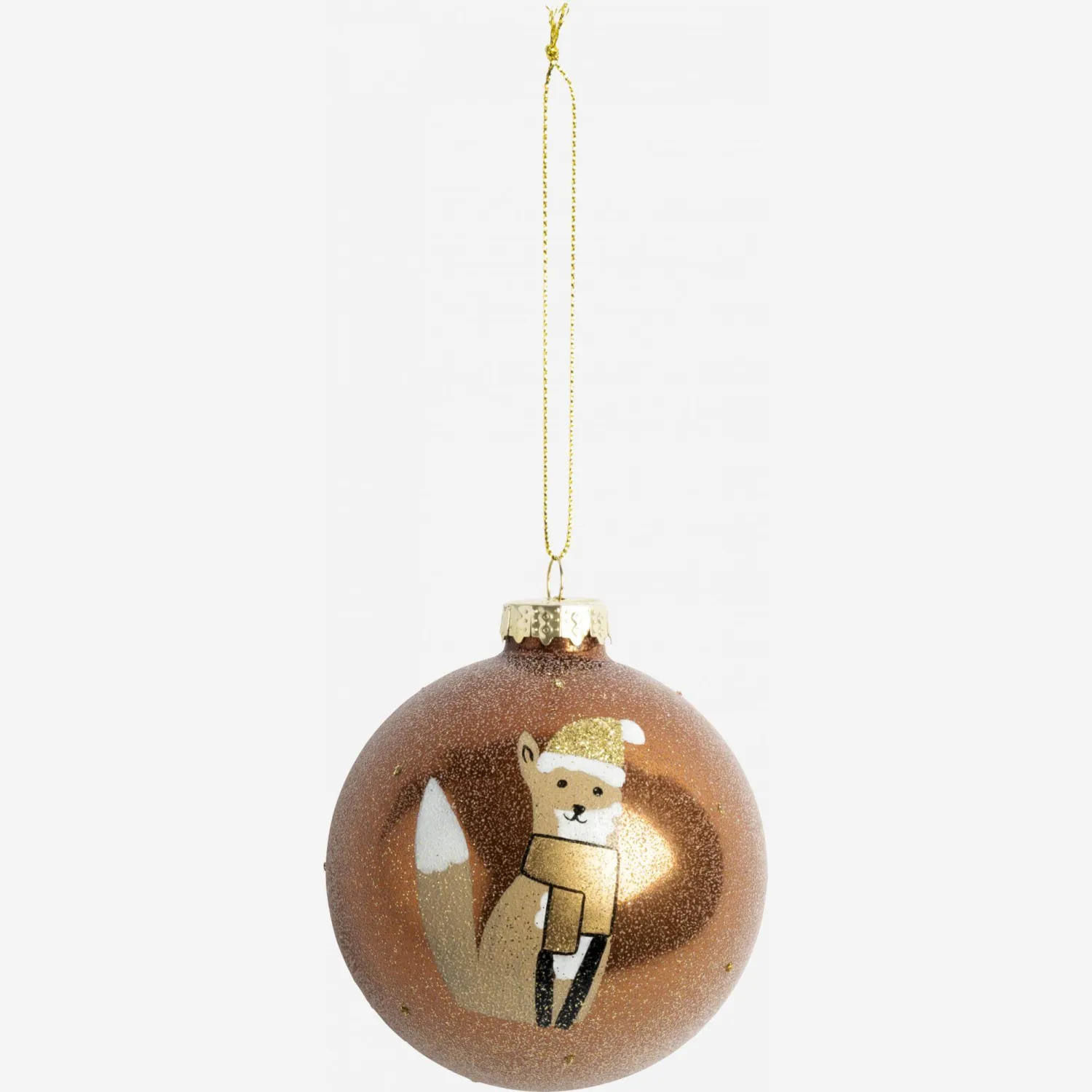 Décoration de Noël - Boule en verre avec motif renard souriant et écharpe - Beige
