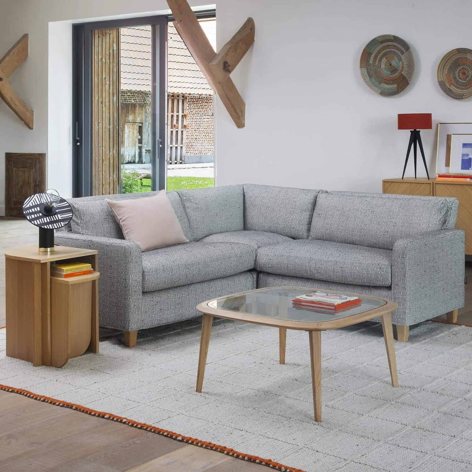 Elément d'angle en tissu italien - Gris mélangé - Pieds clairs - 1