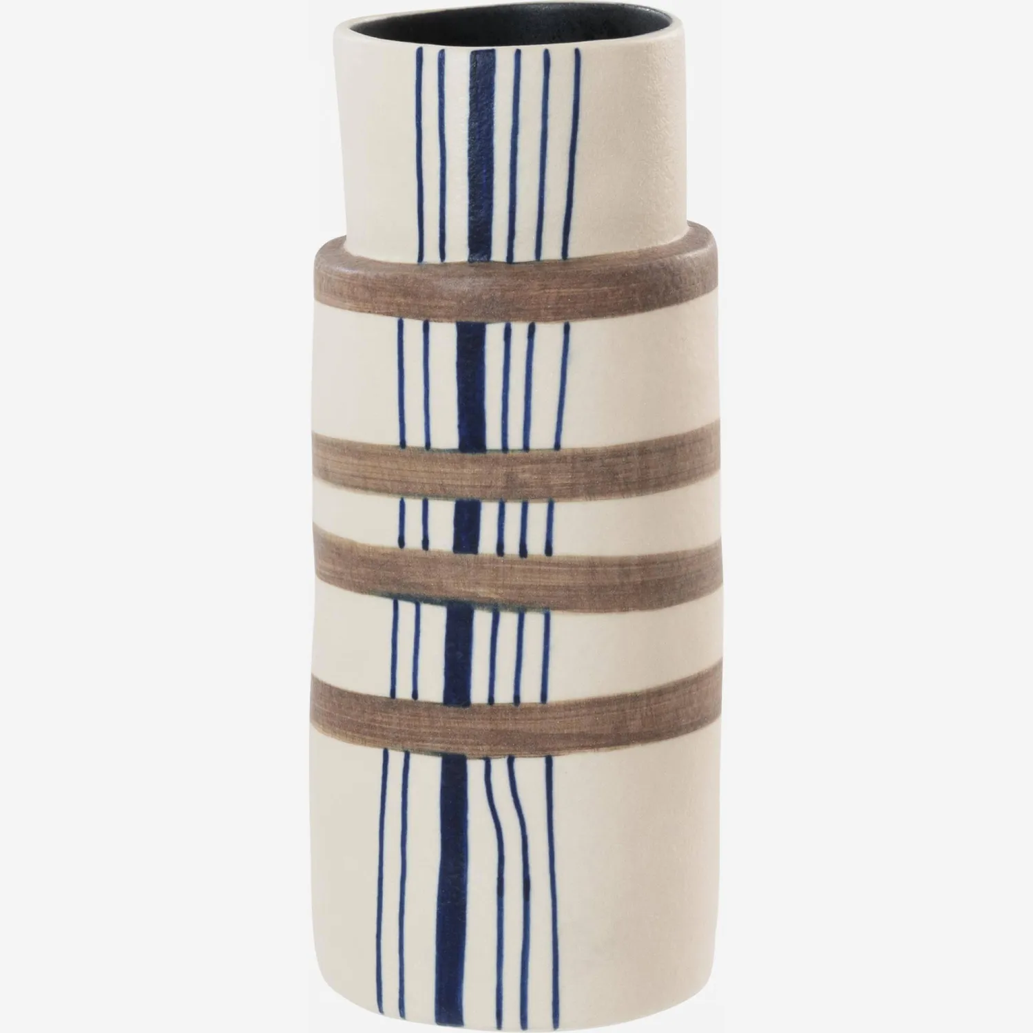 Vase en grès - 21 cm - Rayures bleues