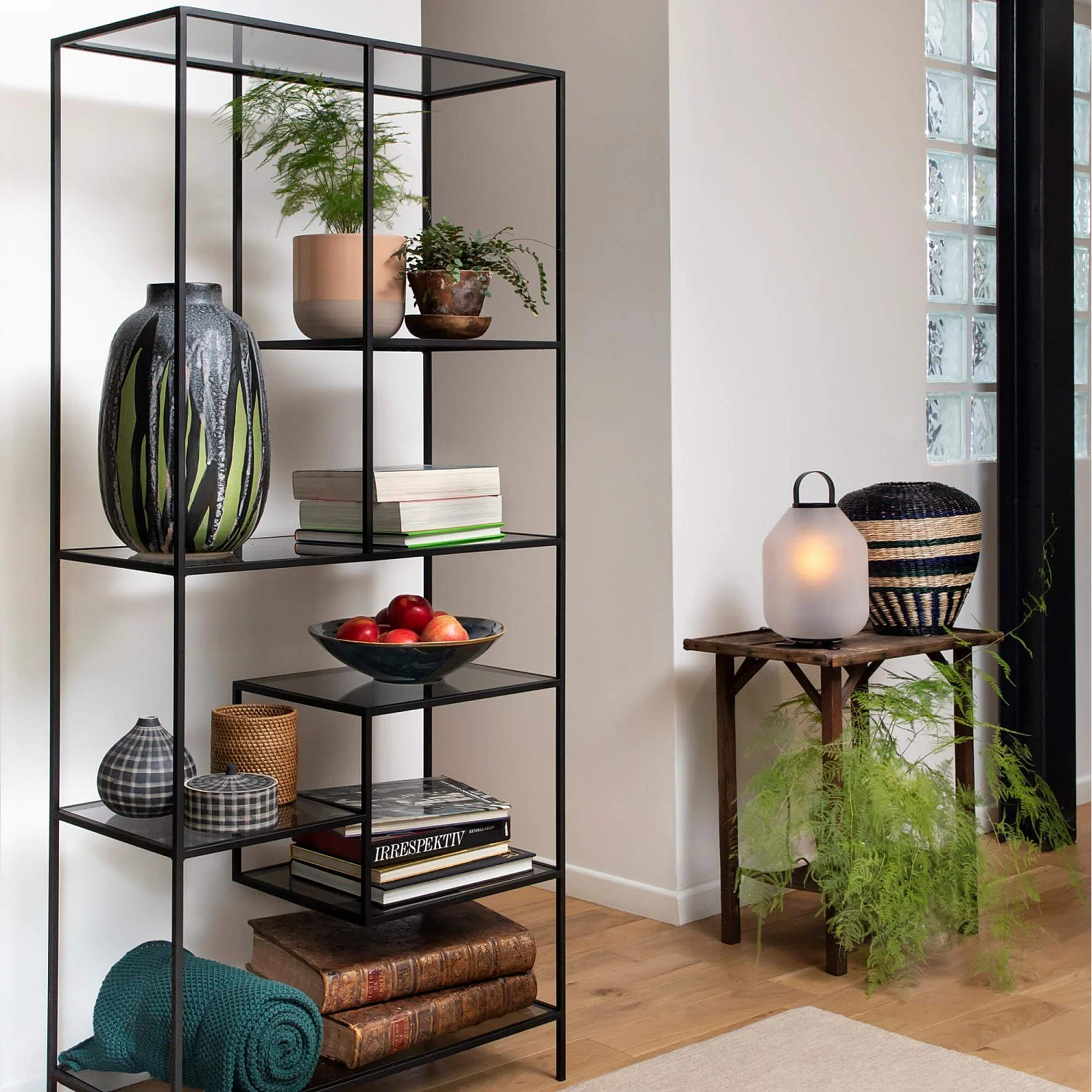 Etagère haute en acier et verre - Noir - 1