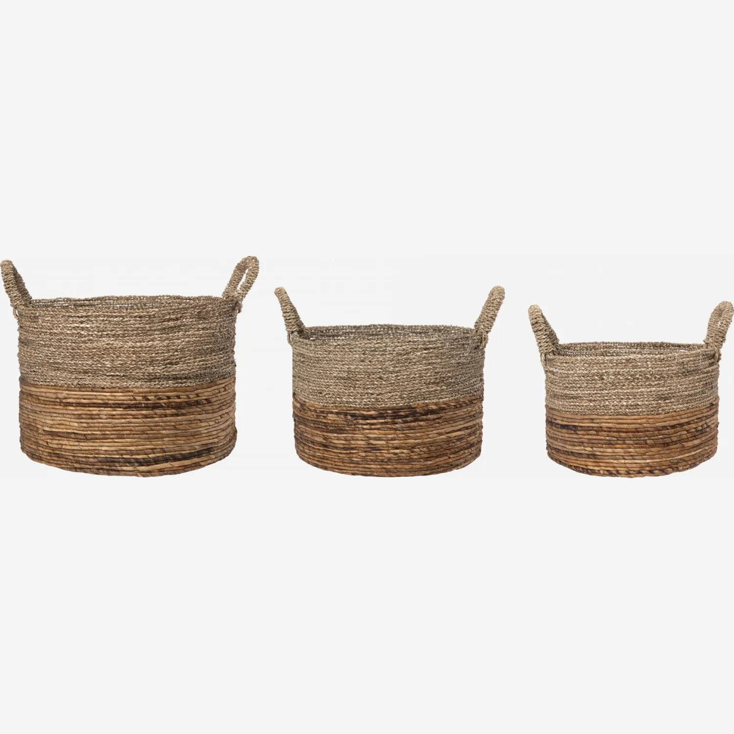 Lot de 3 paniers bas en feuilles de bananier et jonc de mer - Naturel