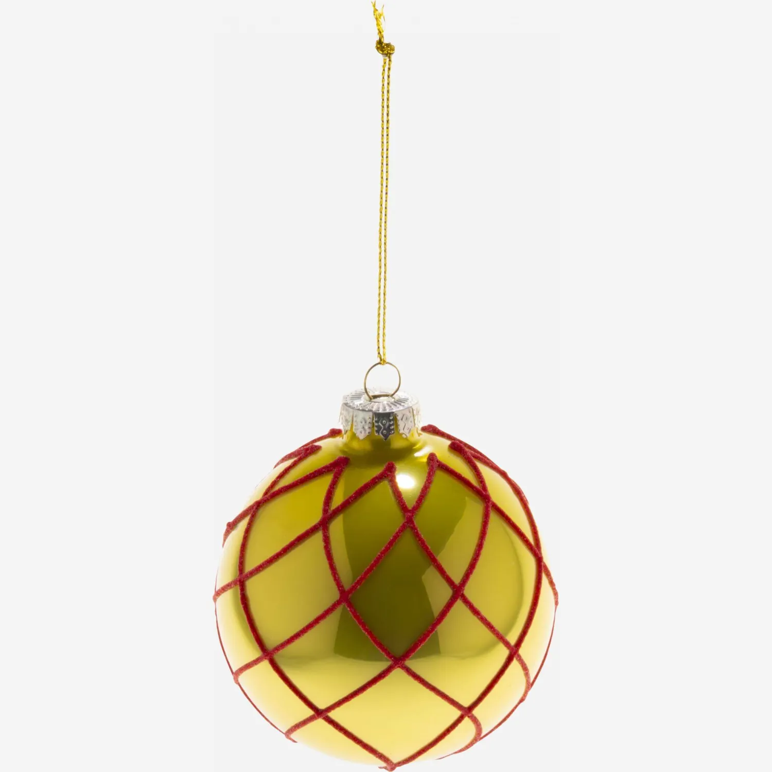 Décoration de Noël - Boule en verre avec filet rouge - Doré 