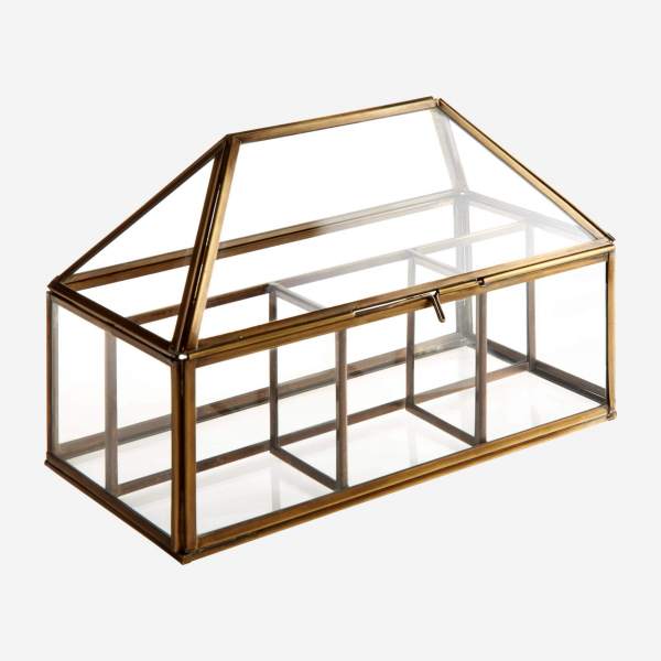 Dose aus Glas in Form eines Hauses mit 4 Fächern - 13 x 26 cm – Transparent und Goldfarben