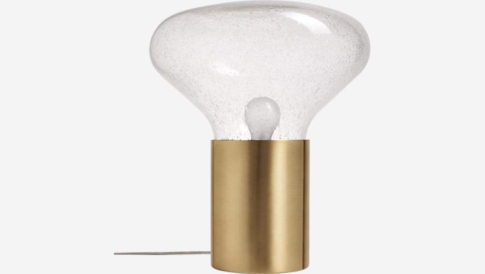 Smoked glass 42.5cm table lamp with golden brushed brass base