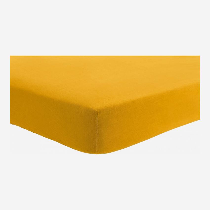 Drap housse en lin - 140 x 200 cm - Jaune moutarde