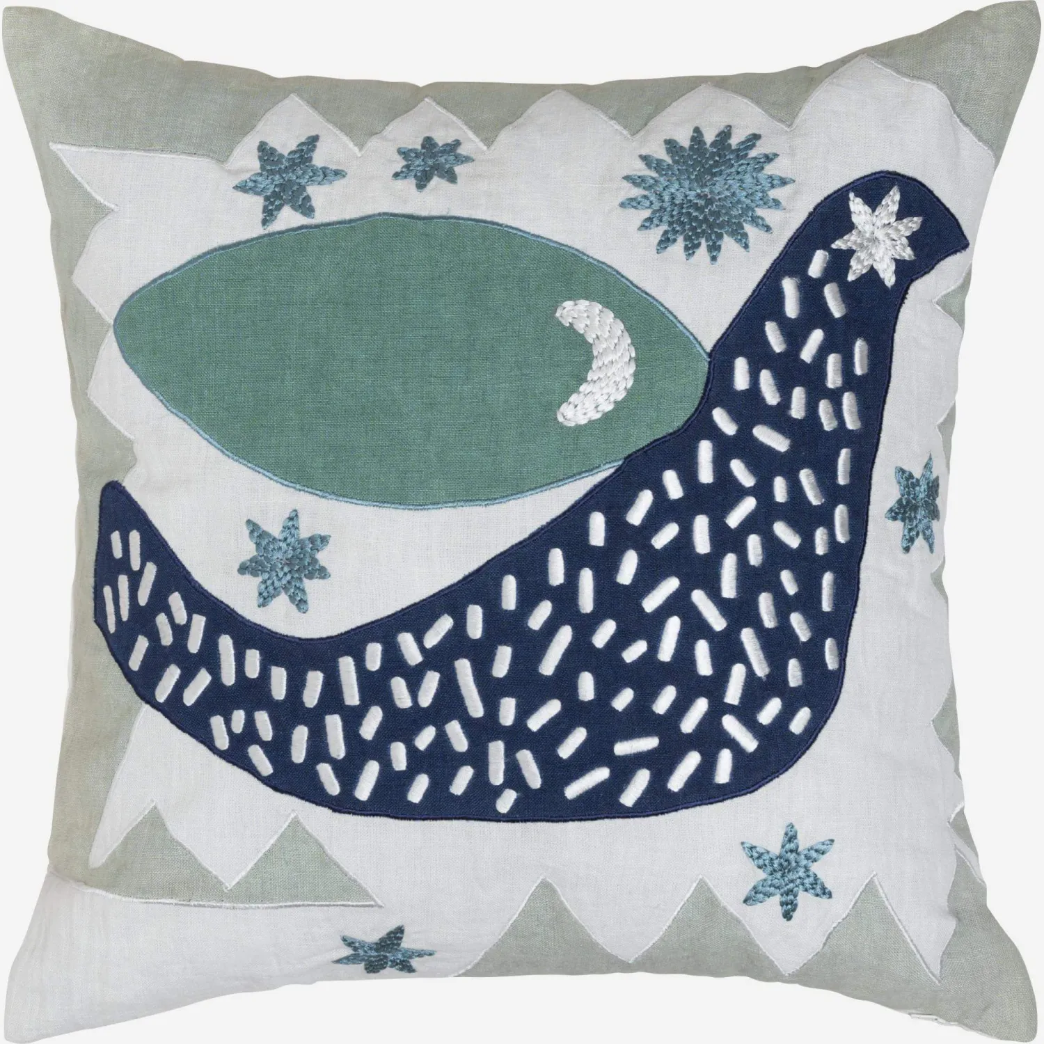 Coussin en lin brodé - 45 x 45 cm - Motif oiseau - Design by Floriane Jacques