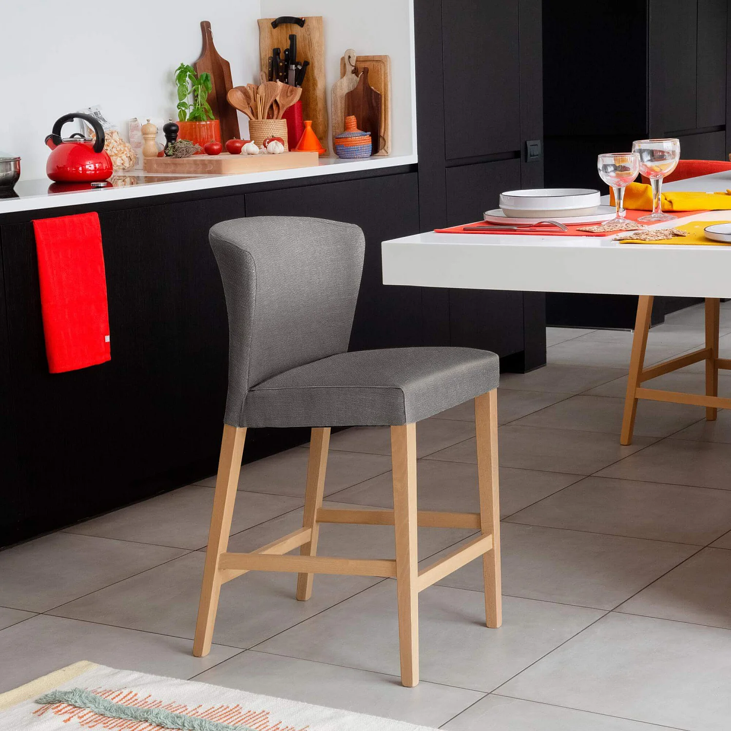 Lot de 2 chaises mi-hautes de bar en tissu - Gris - 1