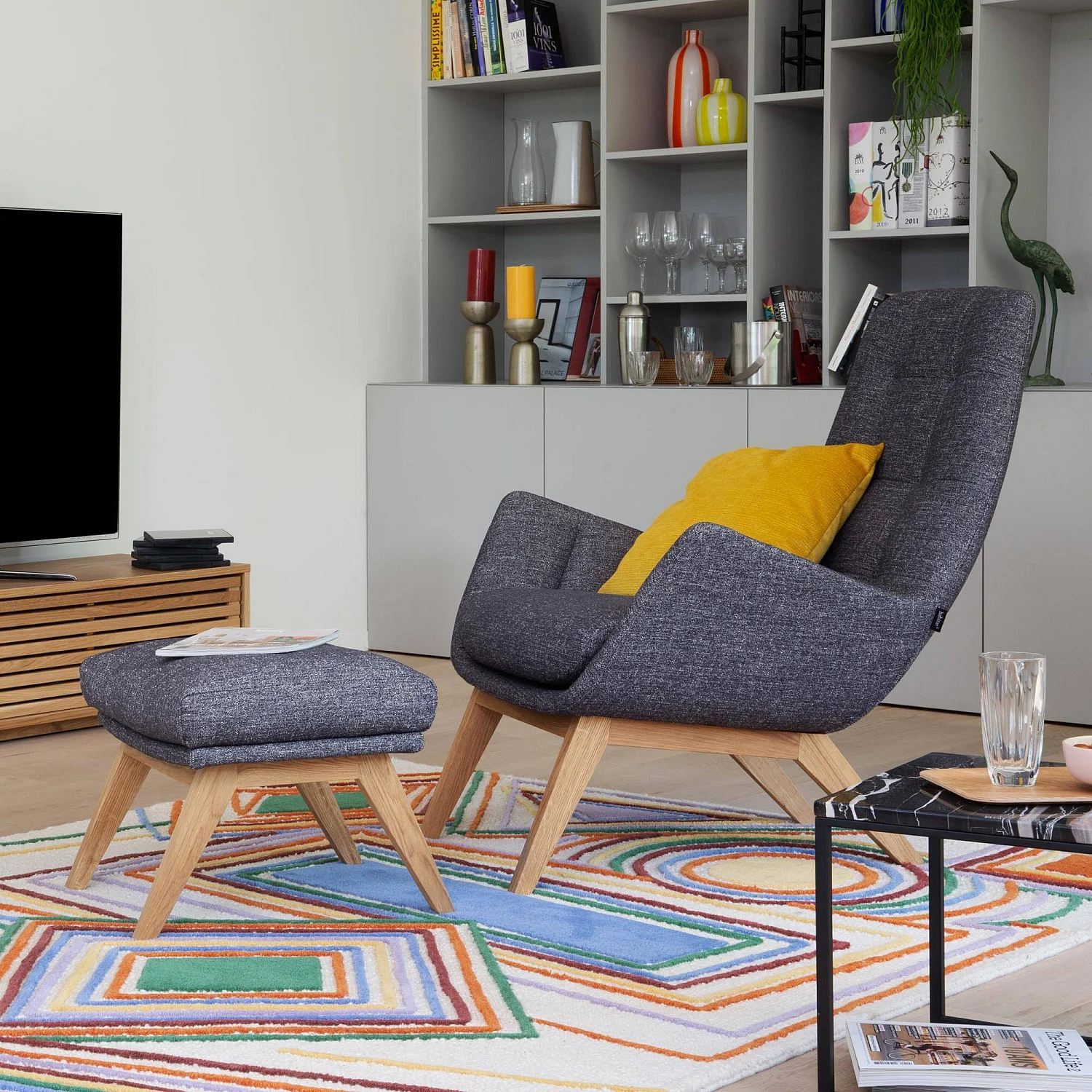 Repose-pieds en tissu Lucca - Bleu zingué - Pieds chêne - 1