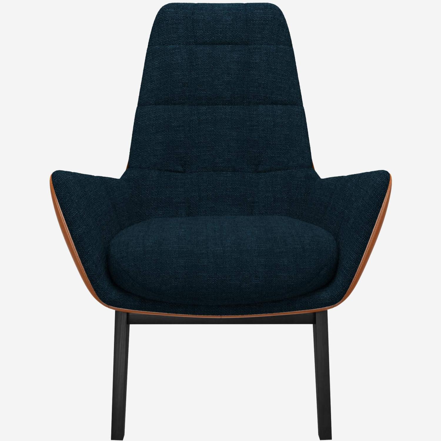 Fauteuil en tissu Melina Bleu encre et cuir Vintage - Pieds noirs