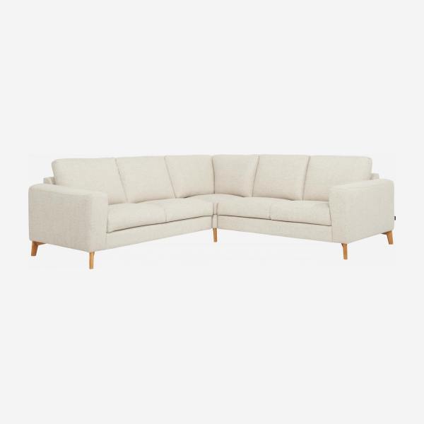 Canapé d'angle 2 x 2 en tissu Lecce beige avec accoudoirs fins et pieds en équerre en chêne huilé - confort medium