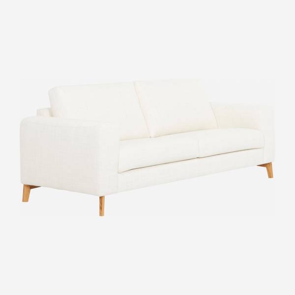 Canapé 3 places / 2 coussins en tissu Fasoli blanc avec accoudoirs fins et pieds en équerre en chêne huilé - confort medium