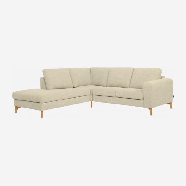 Canapé d'angle 2 places avec chauffeuse gauche en tissu Fasoli -Blanc - Acccoudoirs droits - Pieds en équerre en chêne huilé - Confort medium