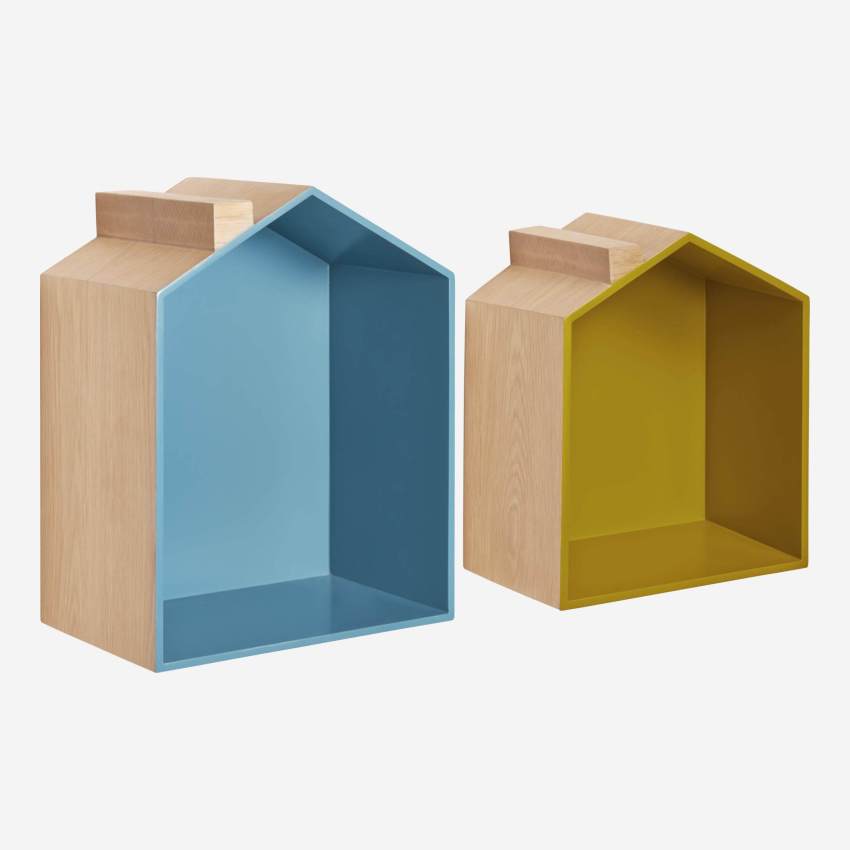 Set of 2 shelves made of oak, natural, grey-blue and yellow