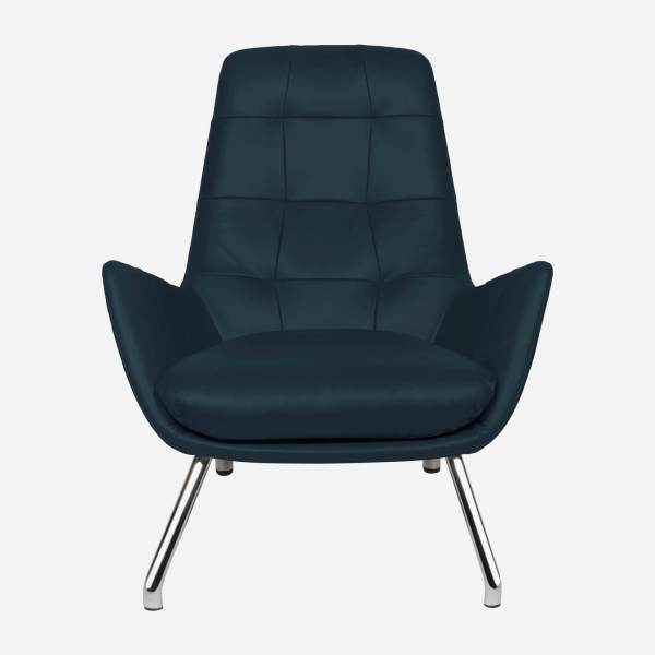 Armchair in Vintage aniline leather, denim blue with chromed metal legs