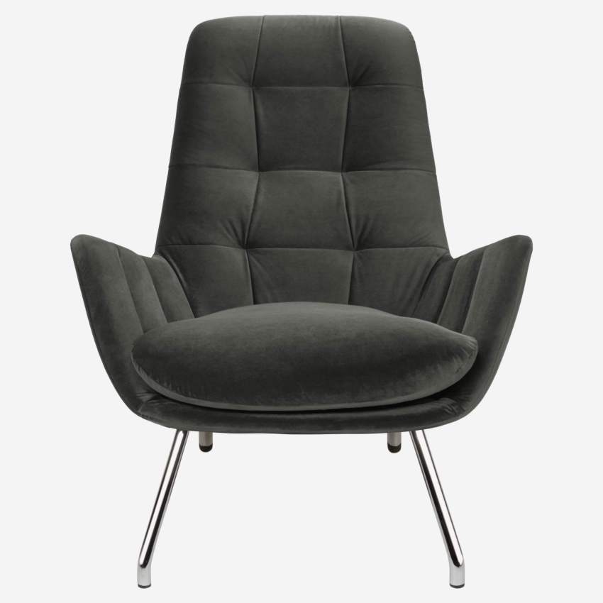 Armchair in Super Velvet fabric, silver grey with chromed metal legs