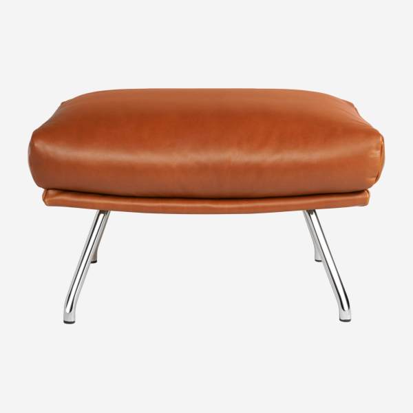 Footstool in aniline Vintage Leather, old chestnut with chromed metal legs