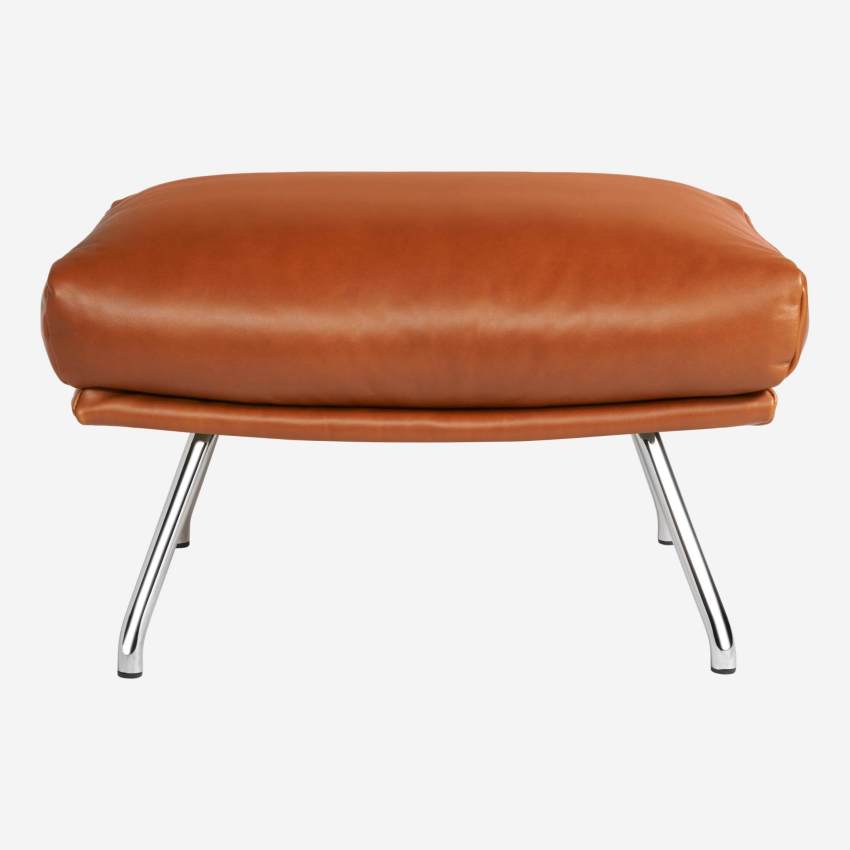 Footstool in aniline Vintage Leather, old chestnut with chromed metal legs