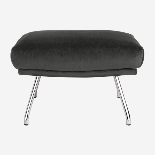 Footstool in Super Velvet fabric, silver grey with chromed metal legs