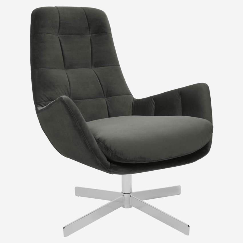 Armchair in Super Velvet fabric, silver grey with metal cross leg