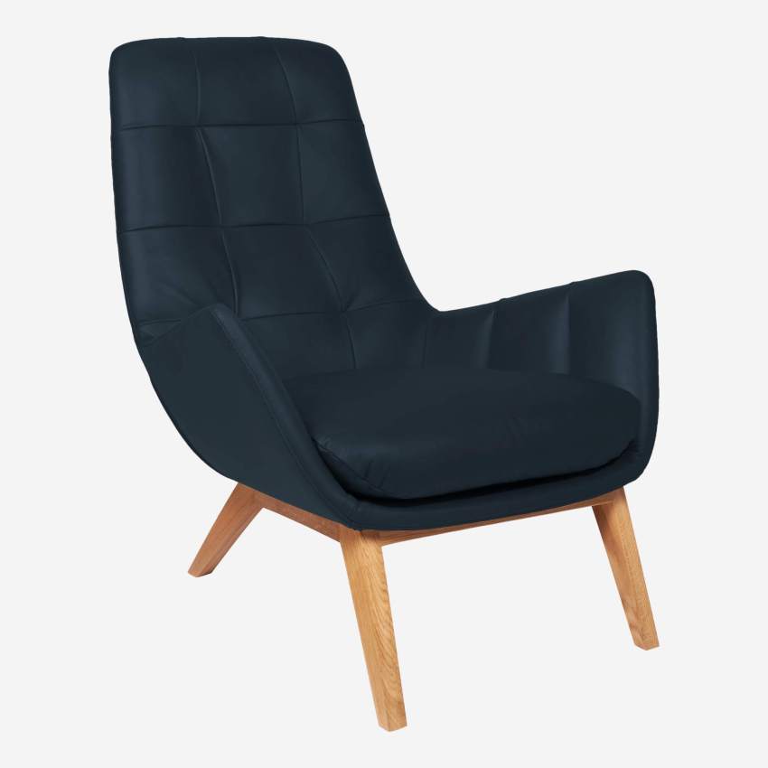 Sessel aus Vintage-Leder - Nachtblau - Eichenfüße