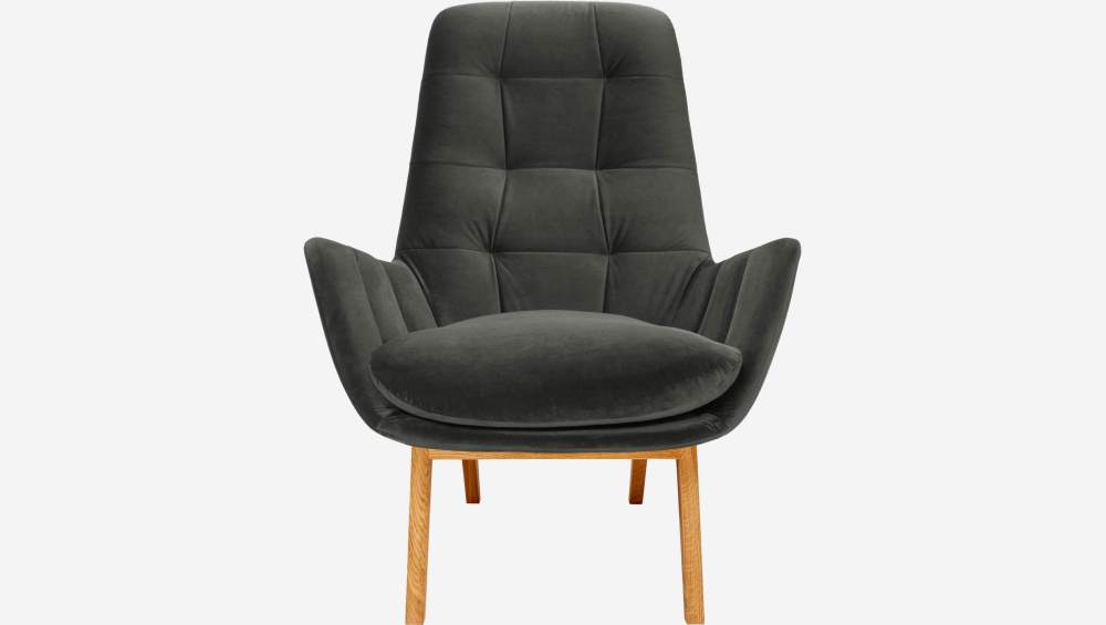 Armchair in Super Velvet fabric, silver grey with oak legs