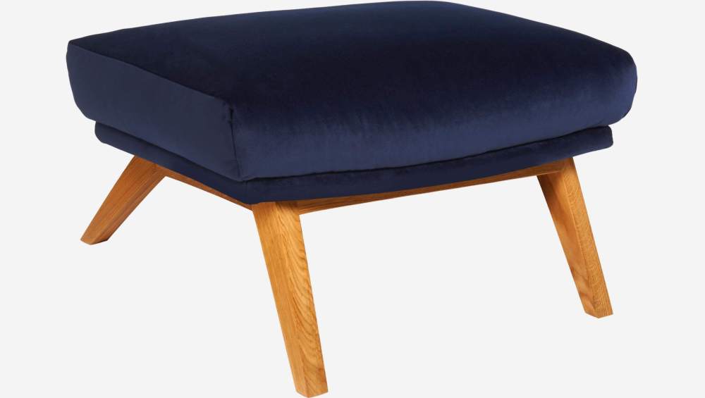Footstool in Super Velvet fabric, dark blue with oak legs
