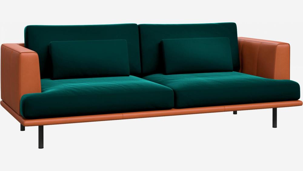 3-Sitzer Sofa aus Samt mit Basis und Armlehnen aus braunem Leder - Tannengrün