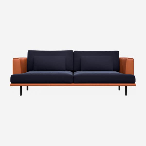 3 seater sofa in Super Velvet fabric, dark blue with base and armrests in brown leather