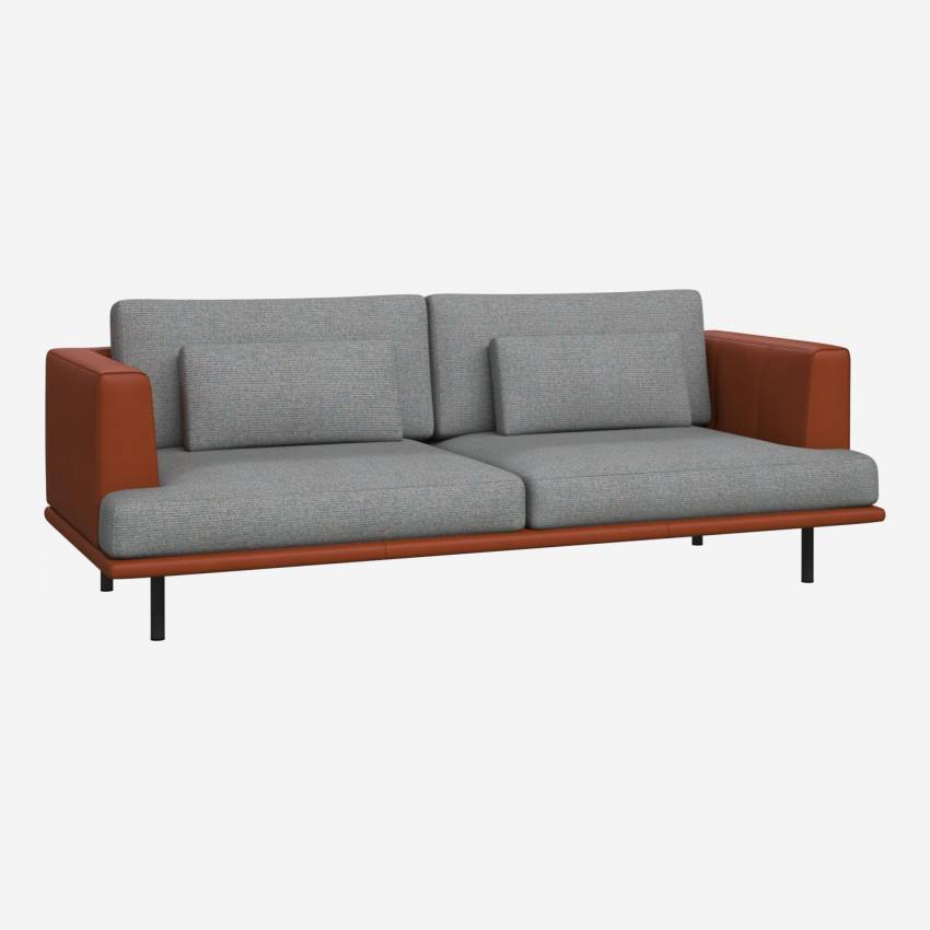 3 seater sofa in Lecce fabric, blue reef with base and armrests in brown leather