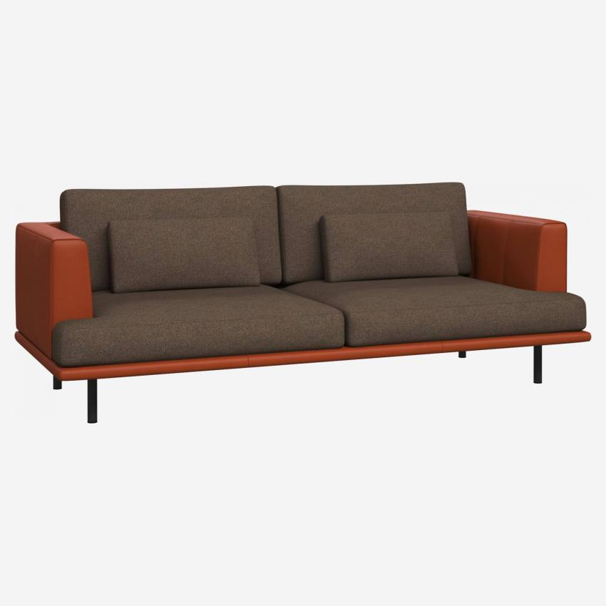 3 seater sofa in Lecce fabric, burned orange with base and armrests in brown leather