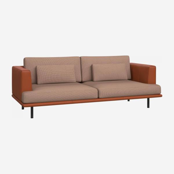 3 seater sofa in Fasoli fabric, jatoba brown with base and armrests in brown leather