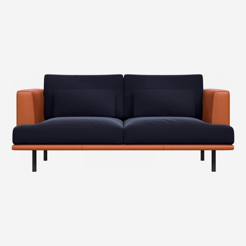 2 seater sofa in Super Velvet fabric, dark blue with base and armrests in brown leather