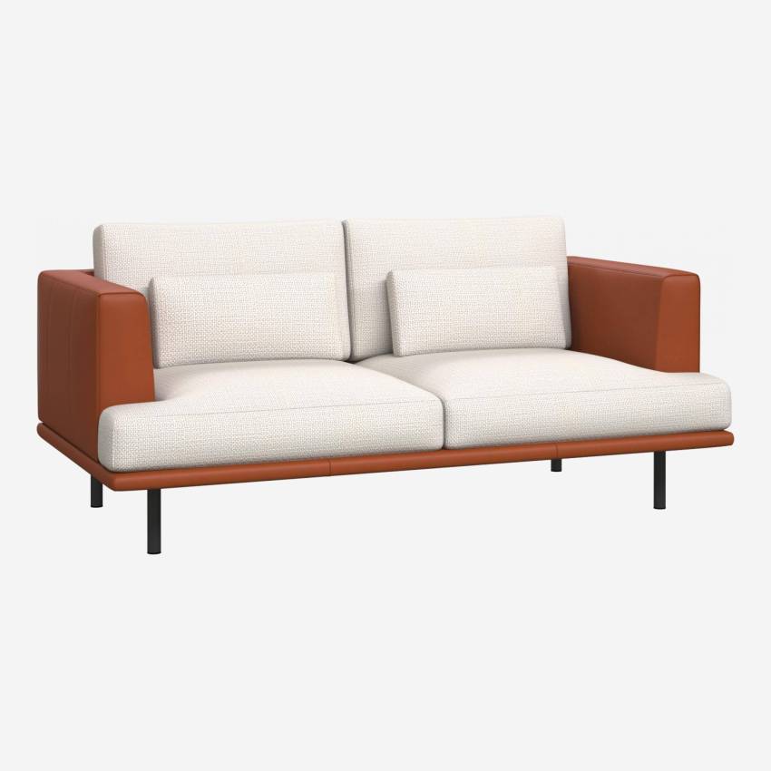 2 seater sofa in Fasoli fabric, snow white with base and armrests in brown leather