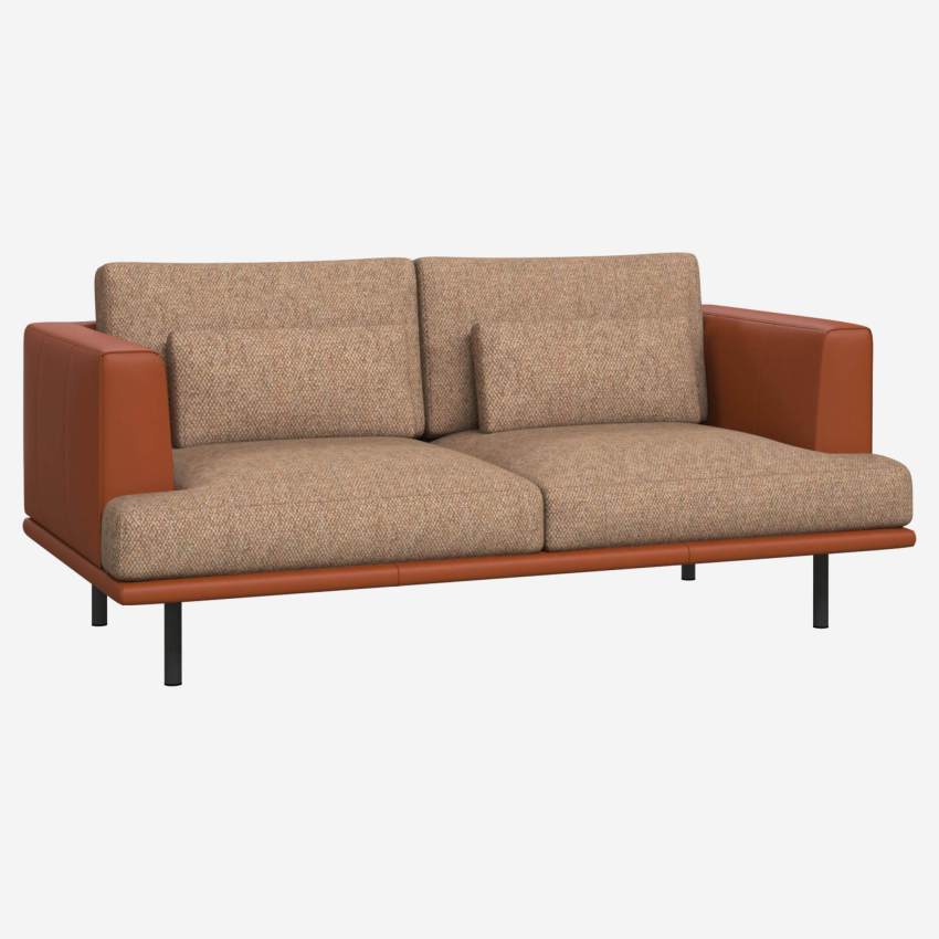 2 seater sofa in Bellagio fabric, passion orange with base and armrests in brown leather