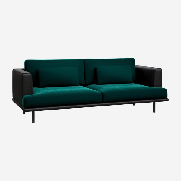 3 seater sofa in Super Velvet fabric, petrol blue with base and armrests in black leather