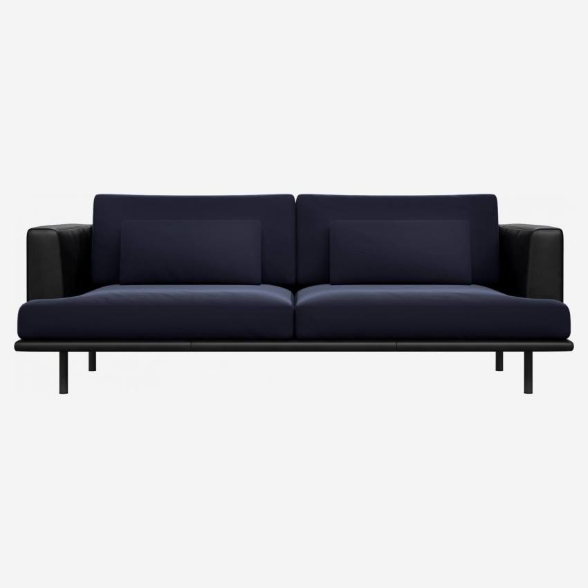 3 seater sofa in Super Velvet fabric, dark blue with base and armrests in black leather