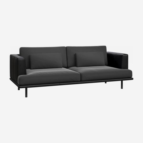3 seater sofa in Super Velvet fabric, silver grey with base and armrests in black leather