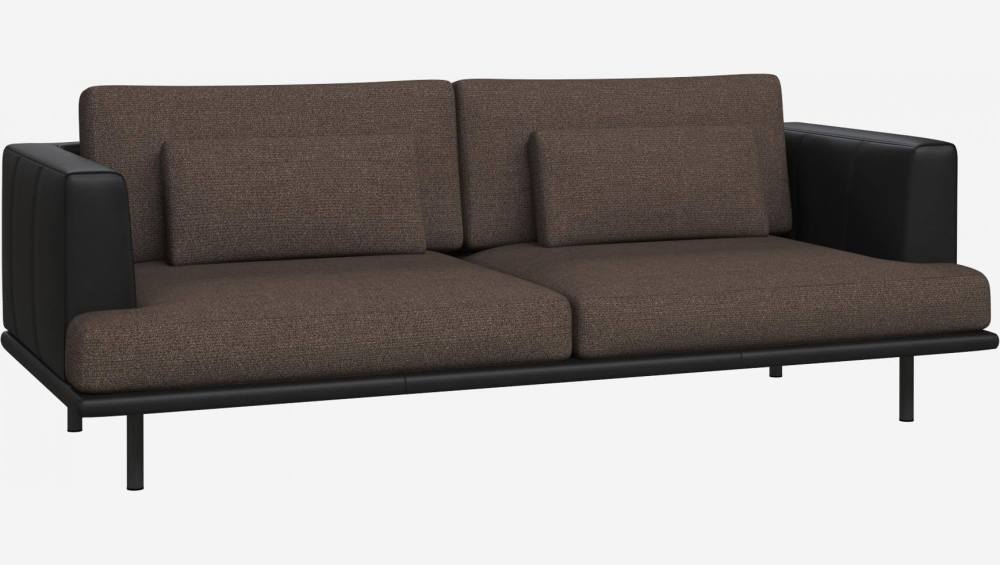 3-Sitzer Sofa aus Lecce-Stoff - Grau mit Basis und Armlehnen aus schwarzem Leder
