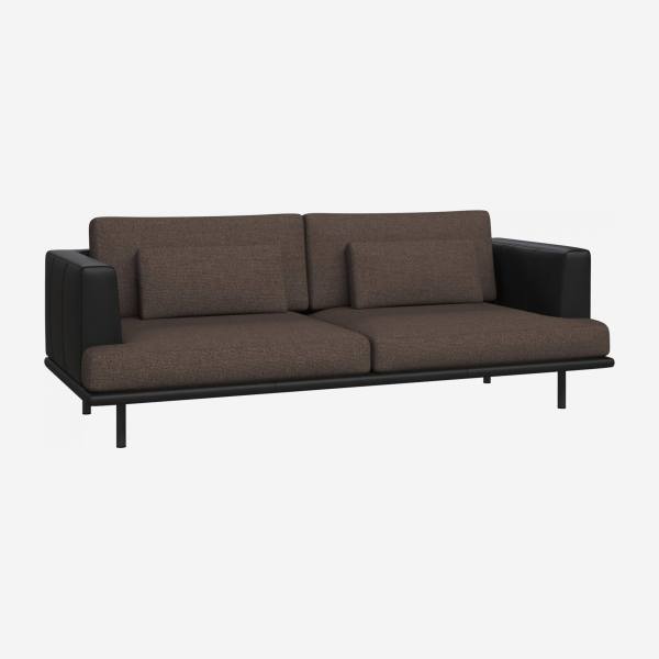 3 seater sofa in Lecce fabric, muscat with base and armrests in black leather