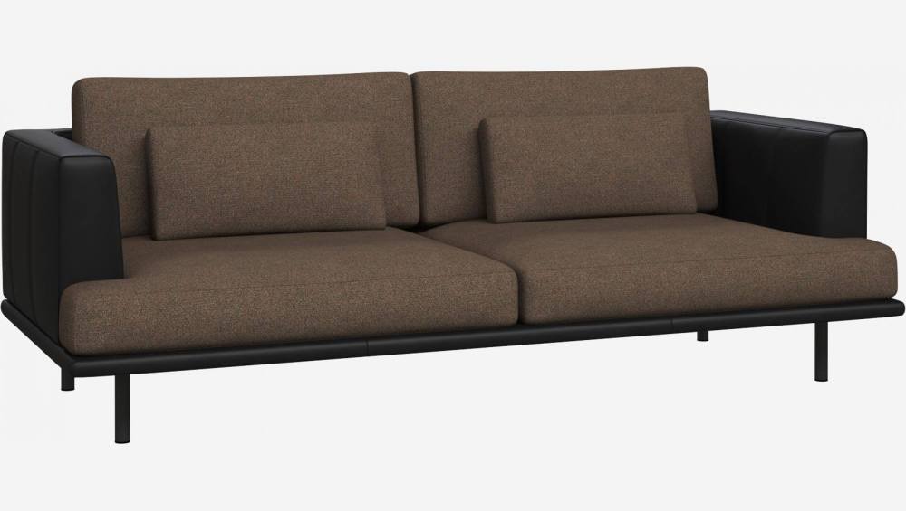3 seater sofa in Lecce fabric, burned orange with base and armrests in black leather