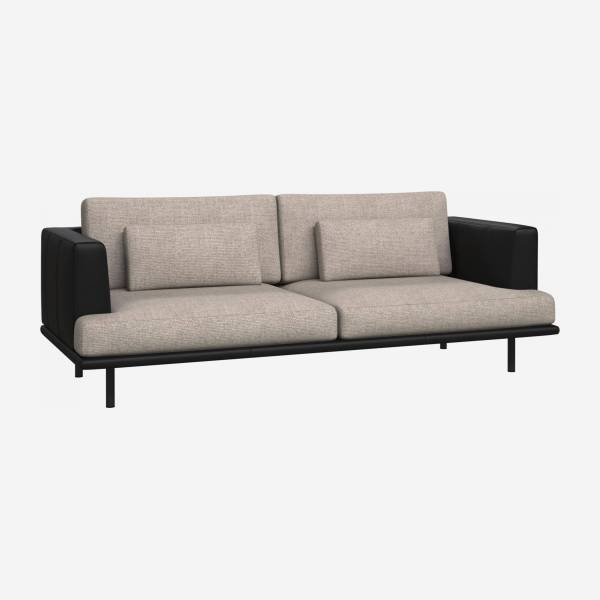 3 seater sofa in Lecce fabric, nature with base and armrests in black leather