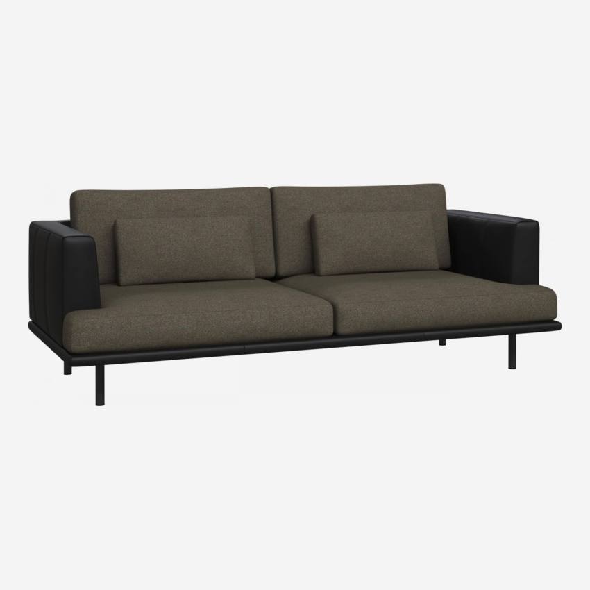 3-Sitzer Sofa aus Lecce-Stoff - Dunkelgrau mit Basis und Armlehnen aus schwarzem Leder