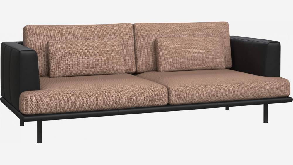 3 seater sofa in Fasoli fabric, jatoba brown with base and armrests in black leather