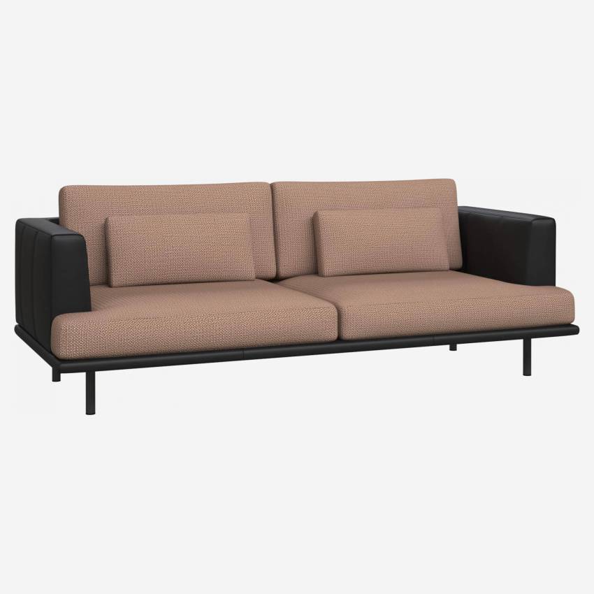3 seater sofa in Fasoli fabric, jatoba brown with base and armrests in black leather