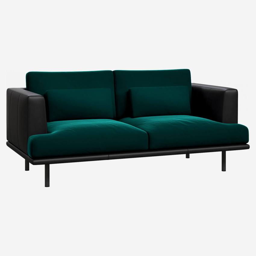 2 seater sofa in Super Velvet fabric, petrol blue with base and armrests in black leather