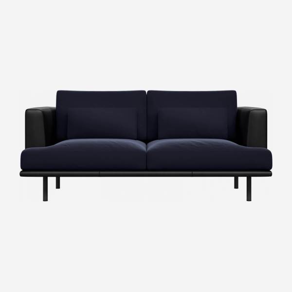2-Sitzer Sofa aus Samt mit Basis und Armlehnen aus schwarzem Leder - Marineblau