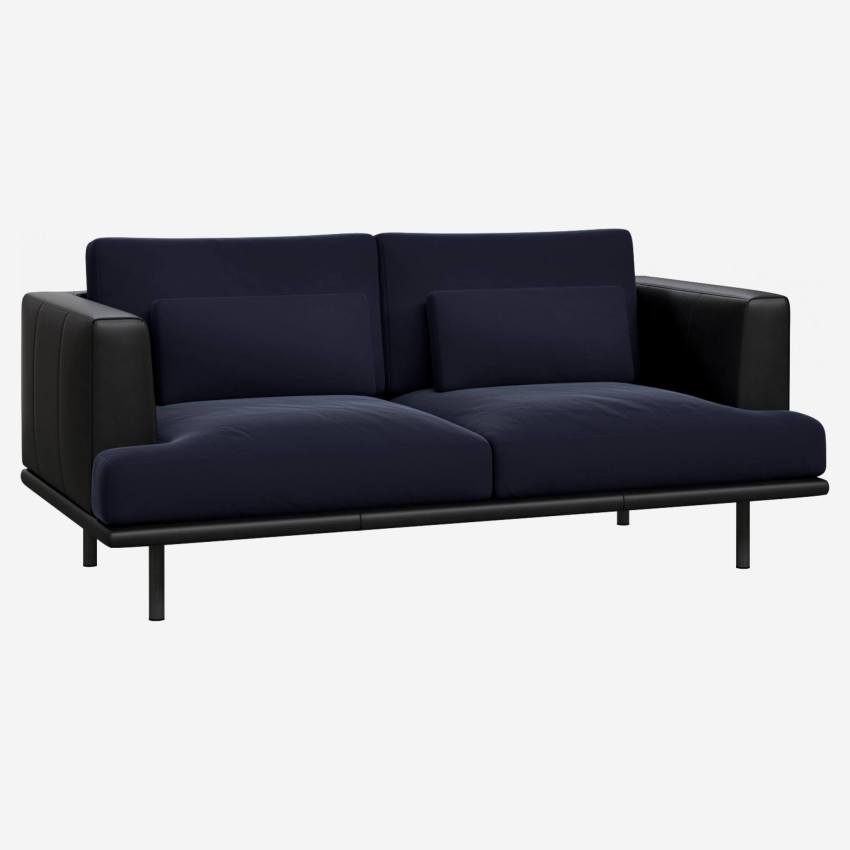 2 seater sofa in Super Velvet fabric, dark blue with base and armrests in black leather